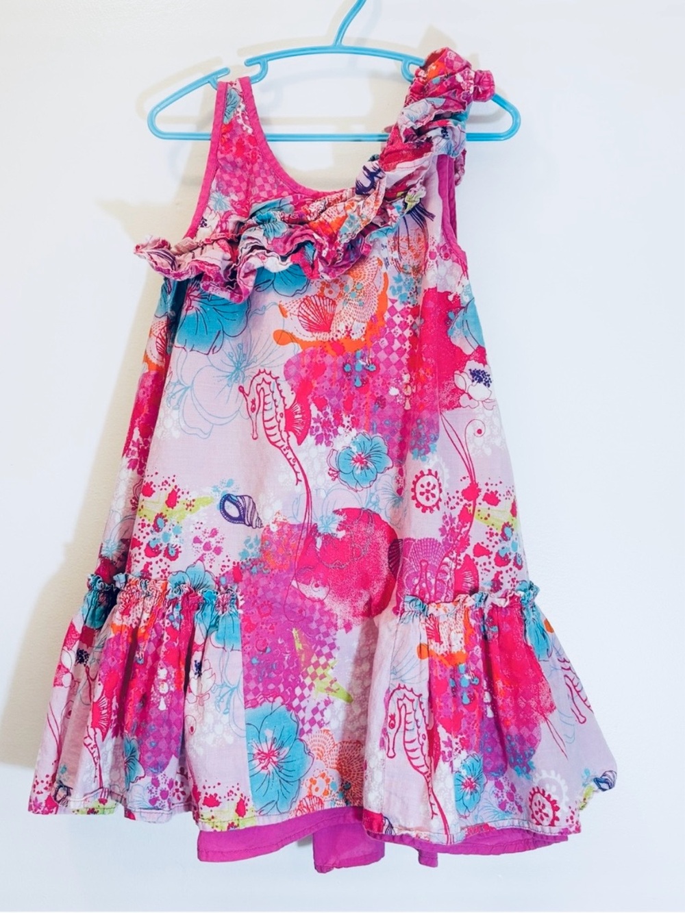 Vintage Y2K Asymmetrical Ruffle Seahorse Tropical Patchwork Sundress